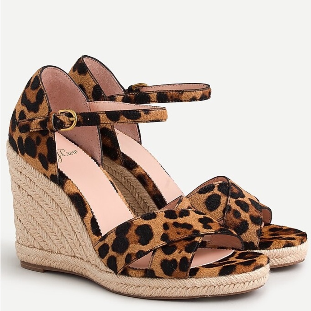 New J. CREW Leopard Print Calf Hair Tan Black Wedge Espadrille Sandals Size 9.5